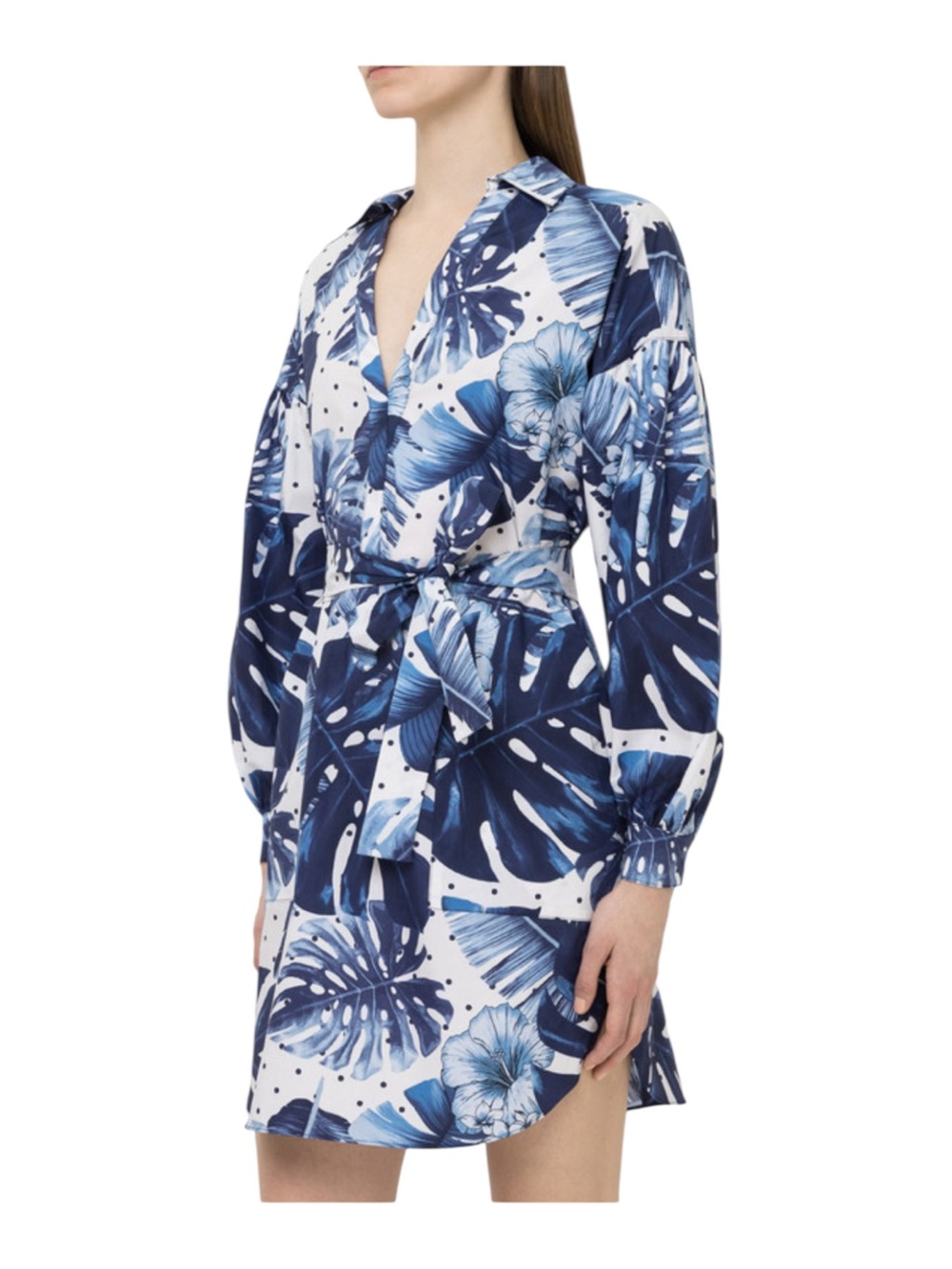 Twinset Milano Blue White Palm Leaf Print Poplin Shirt Mini Dress 46 - Picture 3 of 16